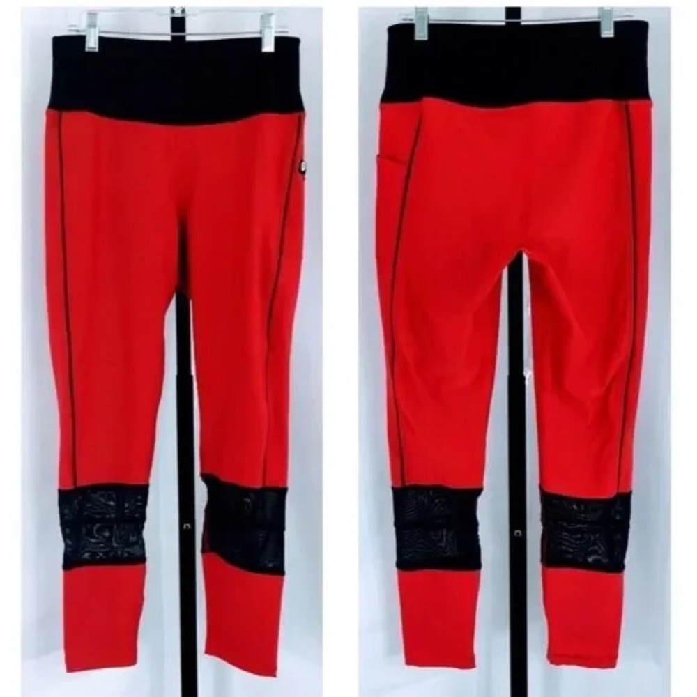 X by Gottex Leggings Exercise Mesh Panel High Waist Pocket Red Black Sz M